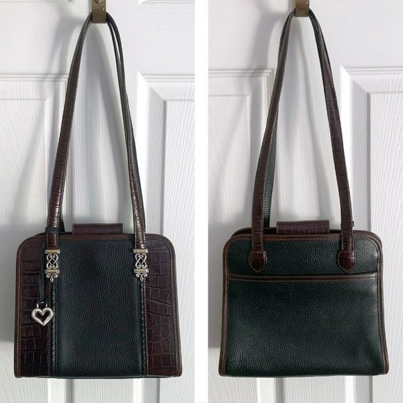 Brighton Handbags - Vintage BRIGHTON Choco Brown Croc-Embossed & Black Leather Shoulder Handbag Tote